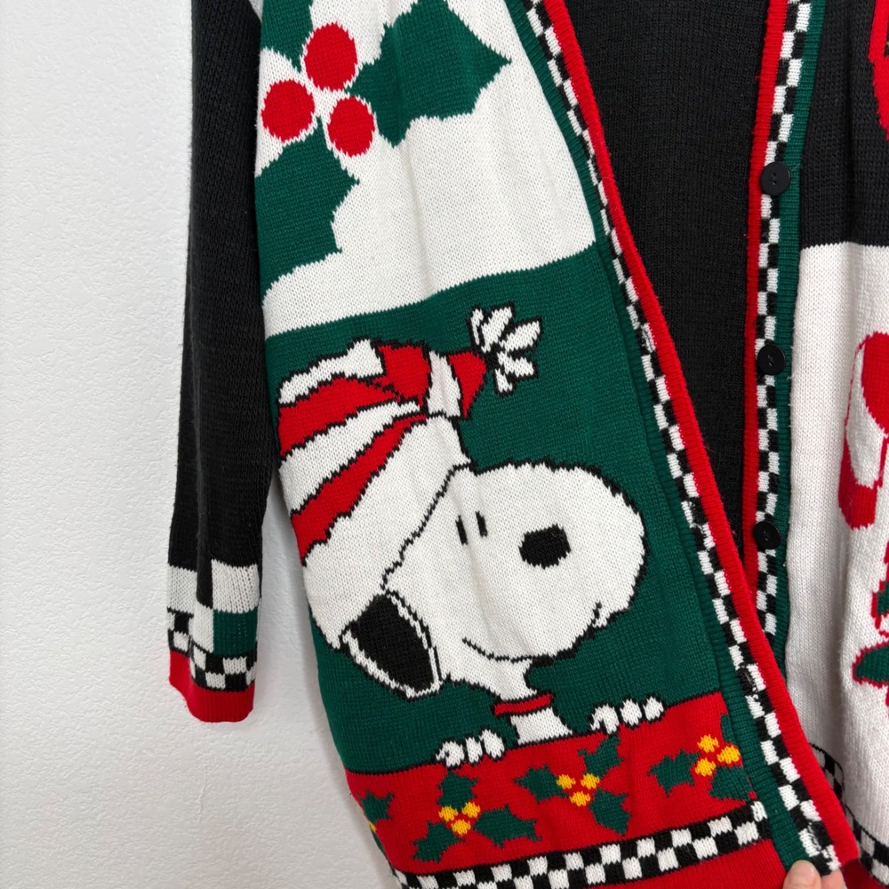 Peanuts Snoopy Christmas Cardigan Sweater Colorblock Checkered Trim V-Neck - Picture 4 of 10